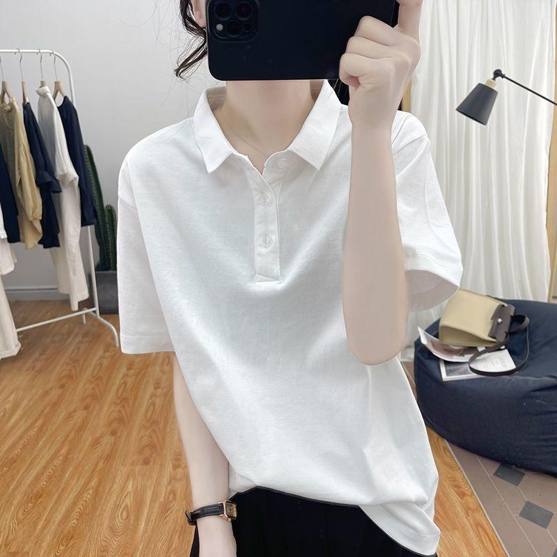 Women's Grey Polo Shirt Short Sleeve Casual Loose Fit Basic Knit Top