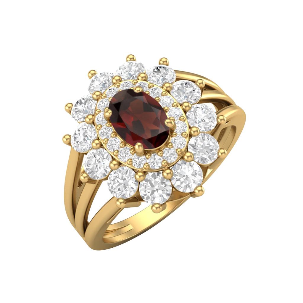 6X4MM Oval Garnet Gemstone 925 Sterling Silver Gold Plated Halo Split Shank Ring