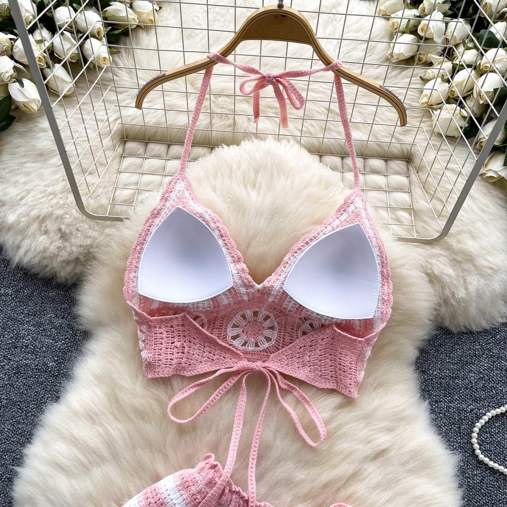 Summer Beach Vacation Knit 2pcs Suits Women Halter Sleeveless Lace Up Camis Elastic Waist Shorts Hook Flower Hollow 2pcs Set