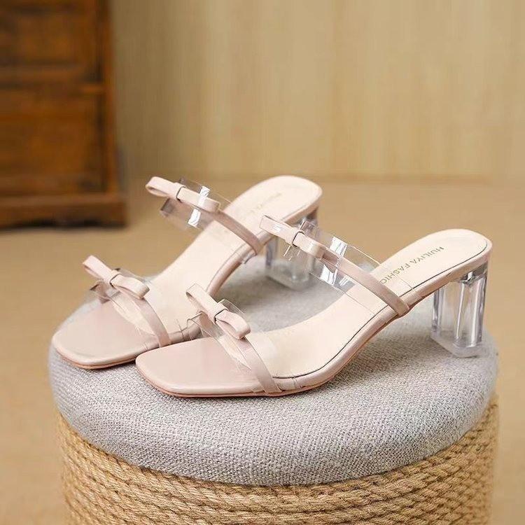 Bow Transparent Crystal New Fashion 2025 Spring Sweet Pink Cool Slippers Open-toed High-heeled Half Slippers Women