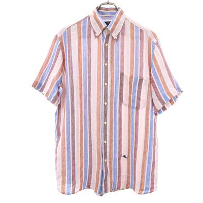 Hecho en Italia Mezcla de Lino Patrón de Rayas Manga Corta Camisa Abotonada para Hombre Usada