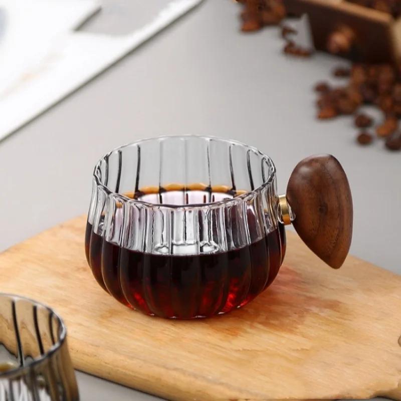 250ml High Borosilicate Glass Coffee Cup Pumpkin Shape Striped Heat-resistant Wooden Handle Latte Cup Breakfast Milk Tea Cup
