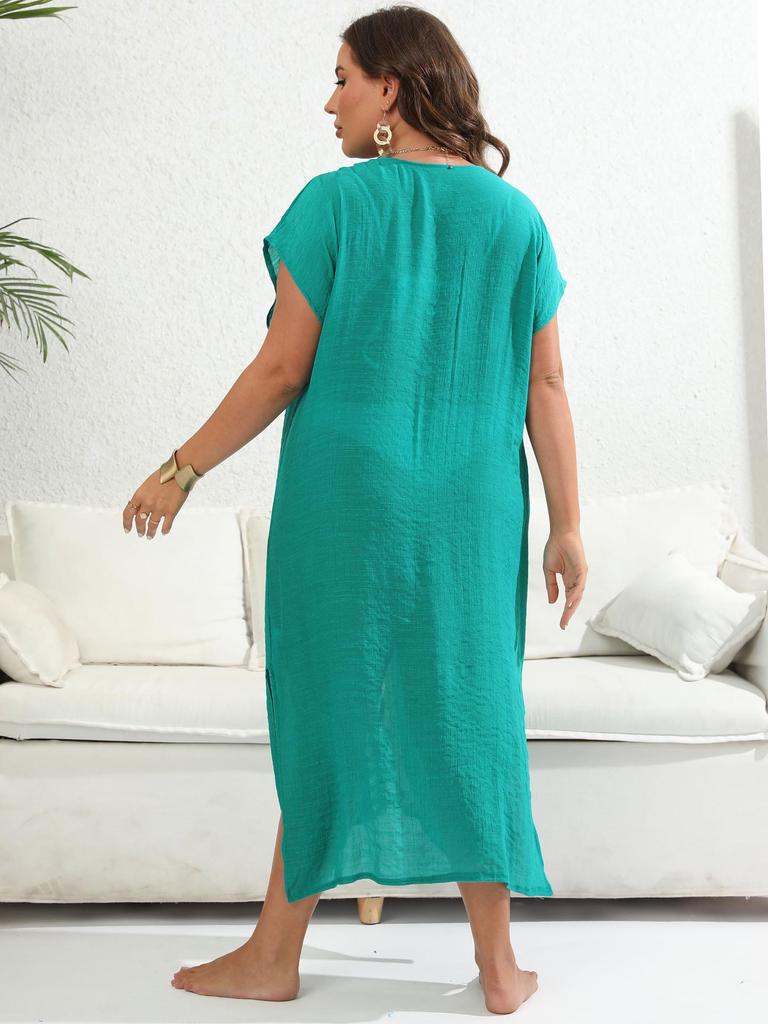 Plus Size Hand-Crocheted Color Block Deep V Slit Beach Cover-Up Dress