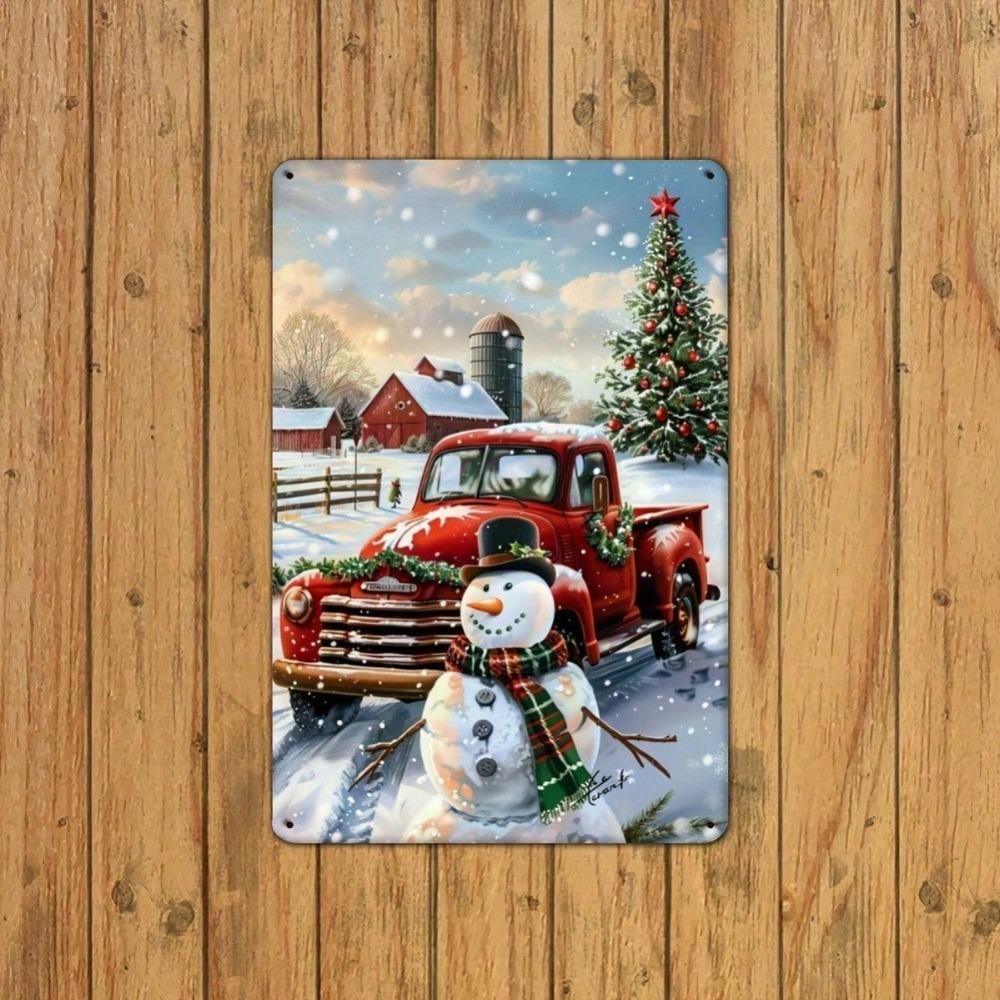 Vintage Snowman and Red Truck Metal Tin Sign, Farmhouse Iron Wall Art for Indoor Outdoor Decor, 8x12 Inch