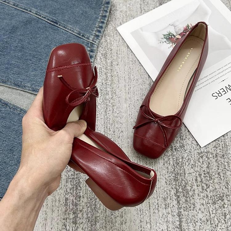 Black Red Bow Mary Jane Ballet Flats for Women – Soft Sole, Low Heel, Low-Cut