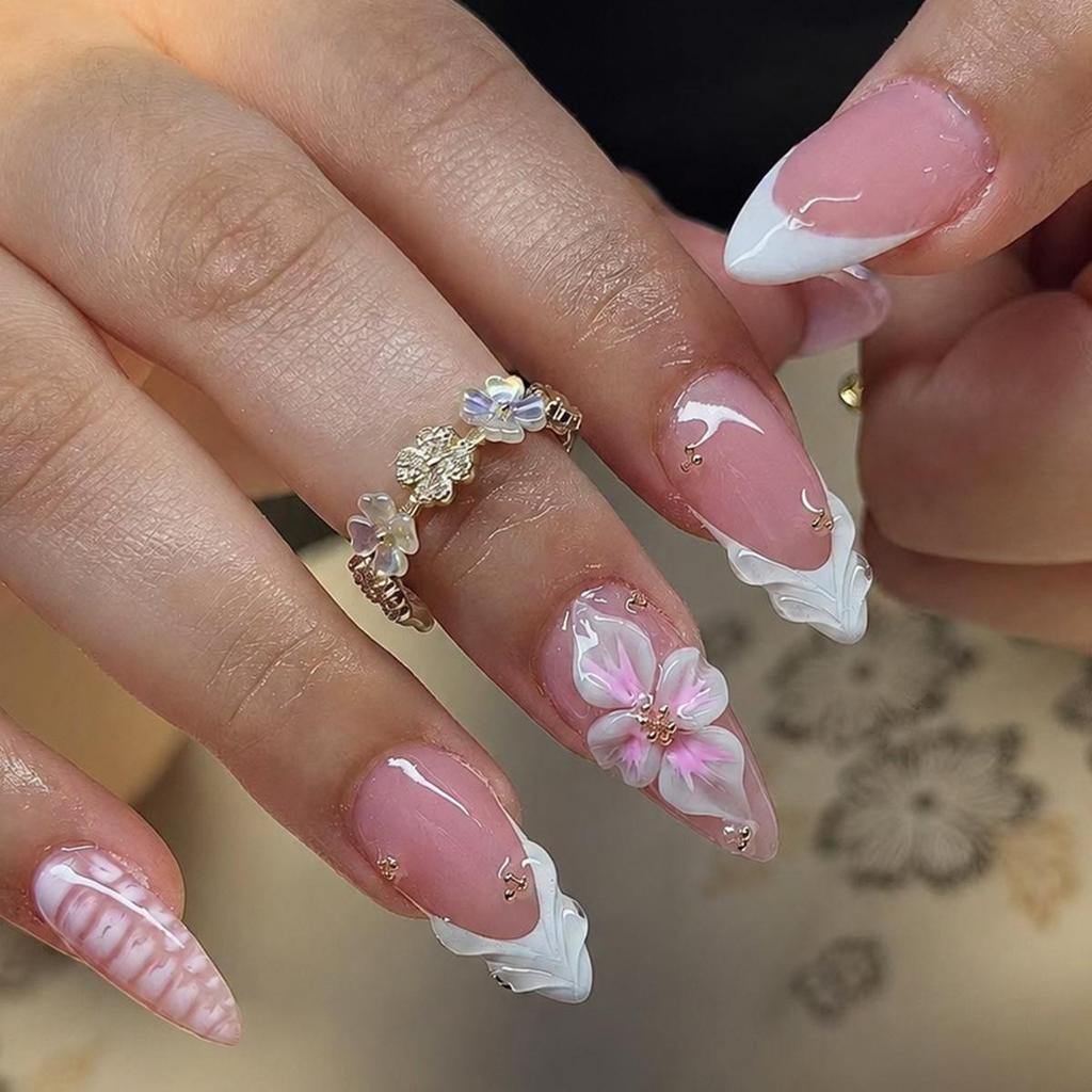 Wearable French-Style Embossed Flower Nail Stickers - Classic Girly Design, Removable False Nails