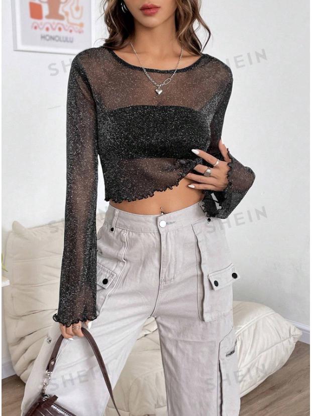 

Летний женский топ с пайетками, сетчатый, просвечивающий, с длинным рукавом и круглым вырезом, повседневный Medium чёрный