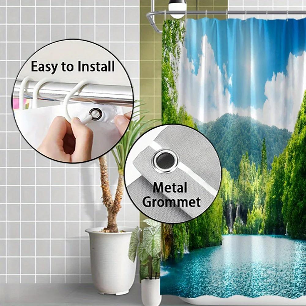 Scenic Lake Shower Curtain - Lush Forest & Clear Water Theme For Bathroom Decor, Adds Nature'S Tranquility And Beauty
