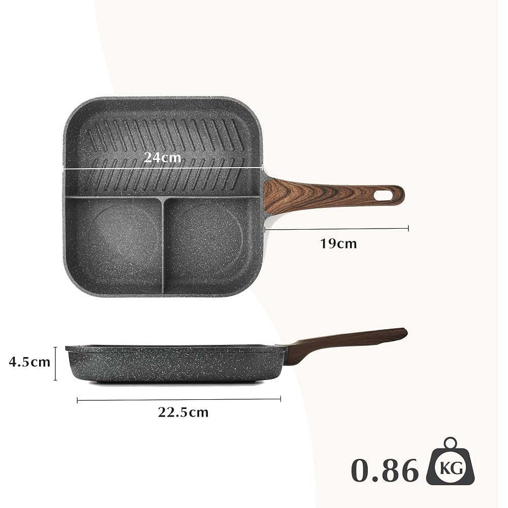 Sensarte 24cm Divided Grill Pan Marble Coating PFOA Free Non-Stick Compatible with IH Gas Gray