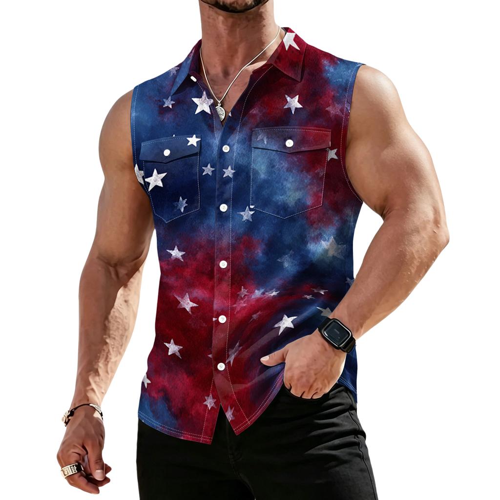 Men's Workwear Lapel Button-Down Vest Shirt - Lightweight Sleeveless Top