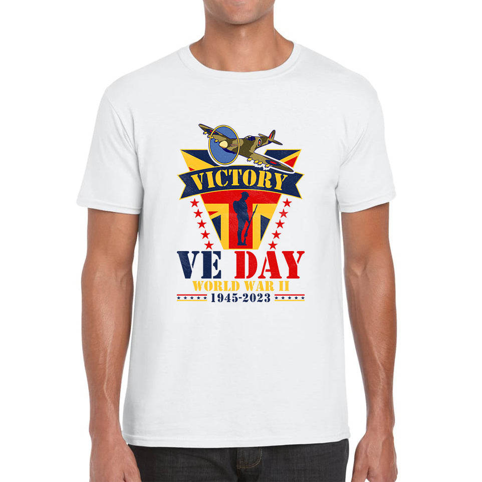 

VE Day Victory In Europe End Of World War II 1945-2023 Anniversary Remembrance Day Soldier Spitfire British Fighter Aircraft UK Flag Mens Tee Top 4XL