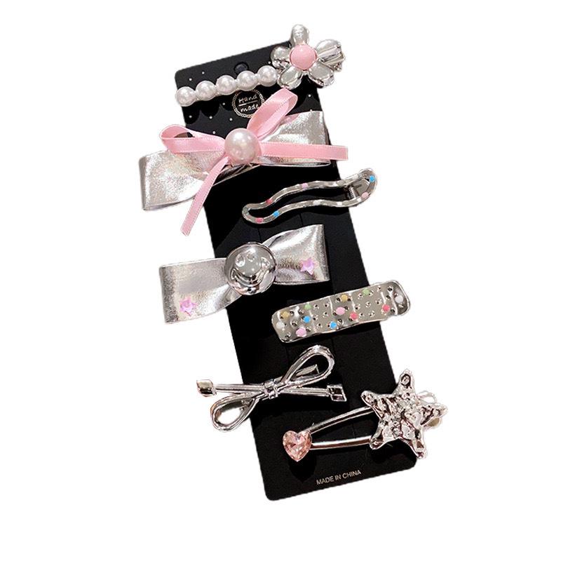 2024 Y2K Silver Leather Bow Hair Clip with Pink Heart Design