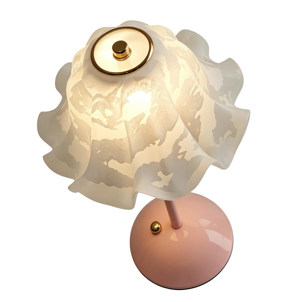 Flower Table Lamp Eye Caring Cordless Rechargeable Vintage Night Lamp with Frosted Petal Shaped Glass Lampshade for