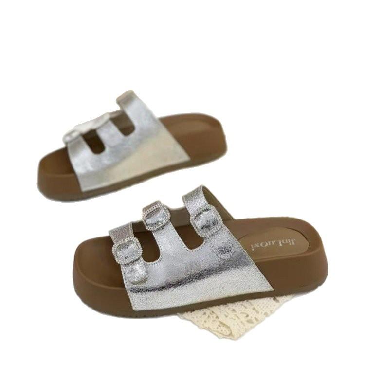 2025 Sommer neue Leder Dicksohlen Strassstein Casual Mattleder Pantoletten Ein-Wort Damenschuhe Vielseitige Mode Damenschuhe