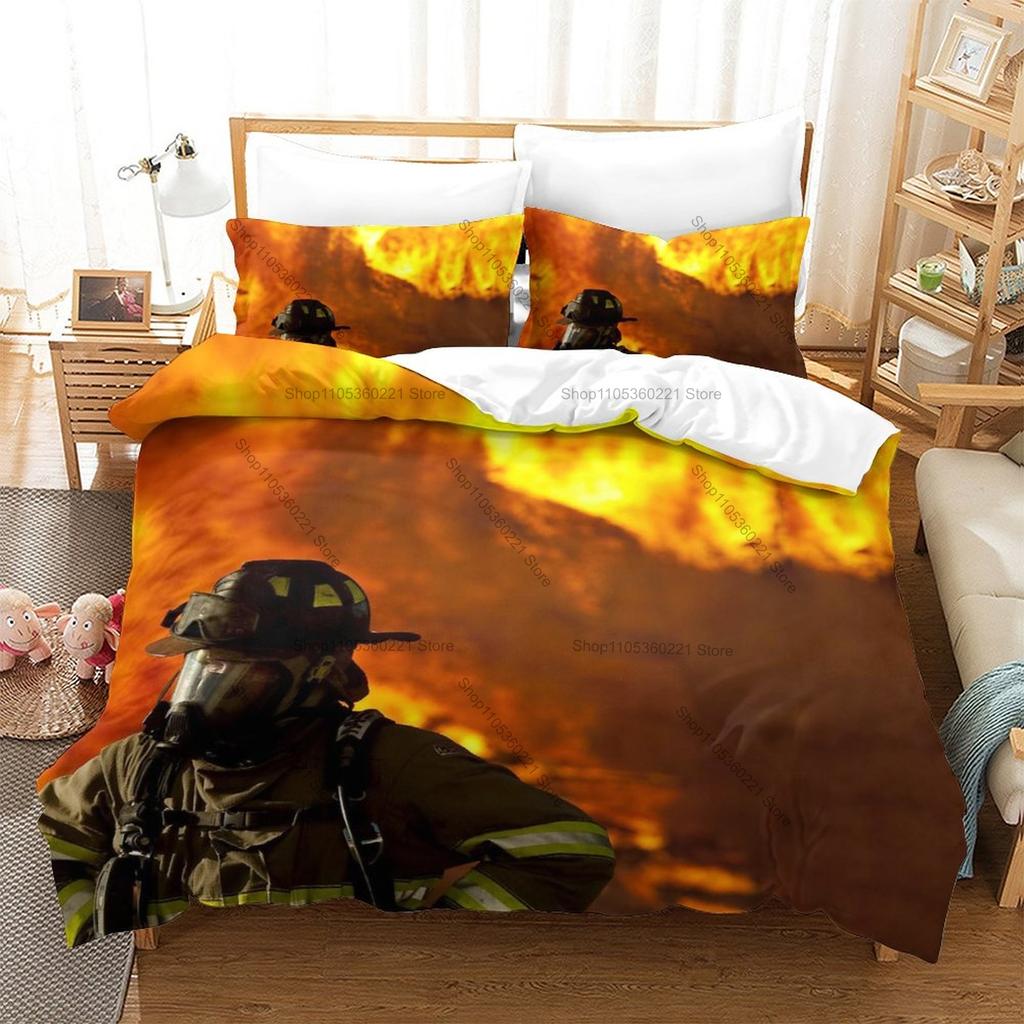 Cool Firefighter Rescue Fire Truck Flame Hero HD Print Bedding Set Duvet Cover + 2 Pillowcases Polyester Boys Bedroom Decor