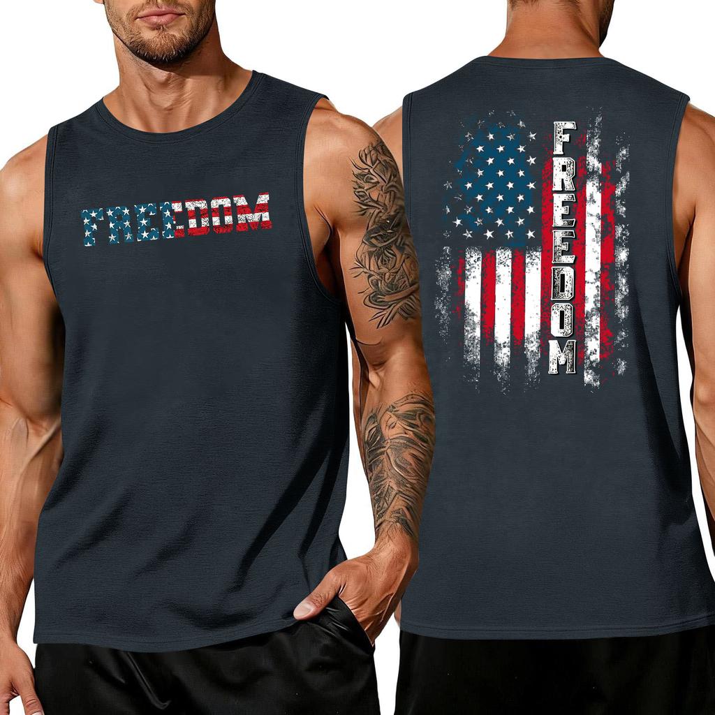 Men's Sleeveless Muscle Tank Top with Letter Print and Flag Pattern Casual Crew Neck Gym Shirt