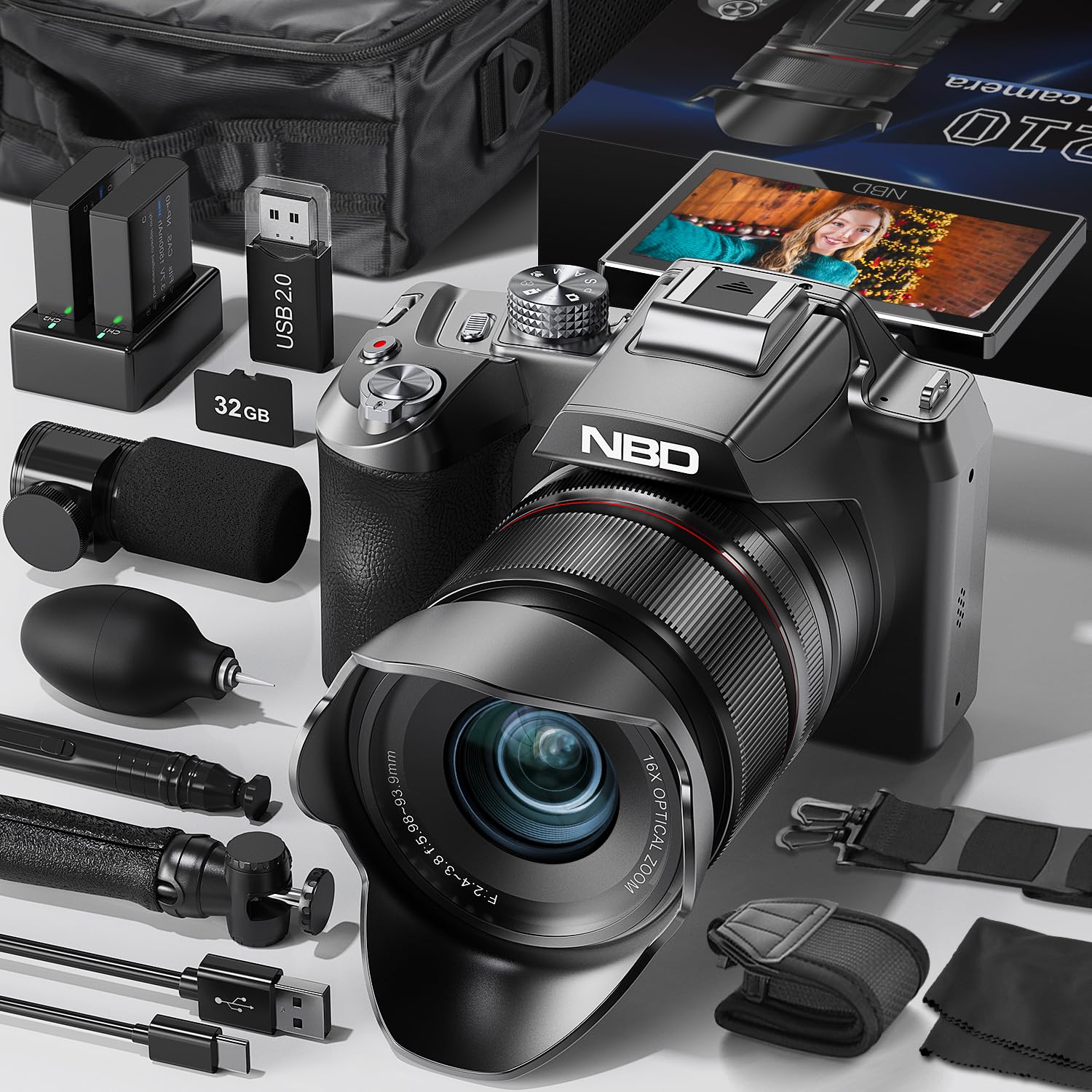 

Дзеркальна цифрова камера NBD 8K 64MP [Wi-Fi та керування через додаток] 16-кратний оптичний зум з автофокусом та стабілізацією зображення 180° відкидний екран та веб-камера