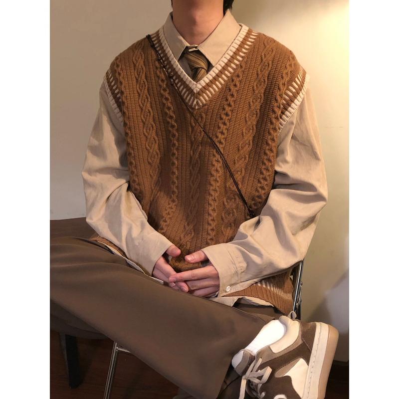 Erkekler İçin Preppy Tarz V Yaka Örgü Yelek Bahar Sonbahar Yeni Tarz Japon Retro Kolsuz Süveter Yelek Kazak Yelek Ceket