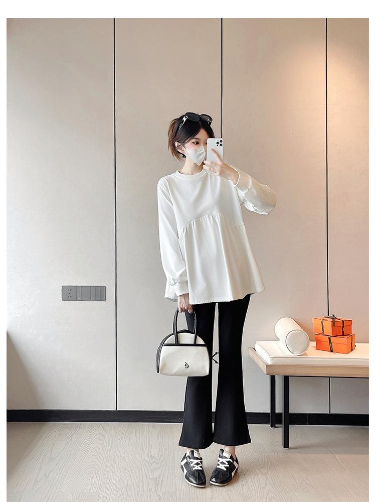 Korean Style Khaki Babydoll Maternity Sweatsuit with Micro Flared Pants for Spring/Autumn