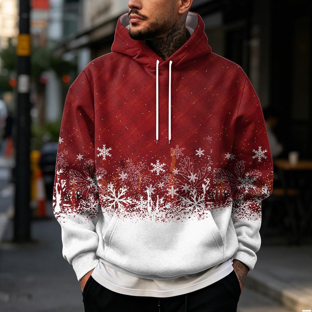 Men's Christmas Print Hoodie with Large Pockets, Casual Loose Fit Pullover for Holiday
