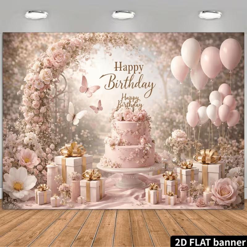 2D Elegant Pink Gold Happy Birthday Backdrop Banner Party Decoration for Girls