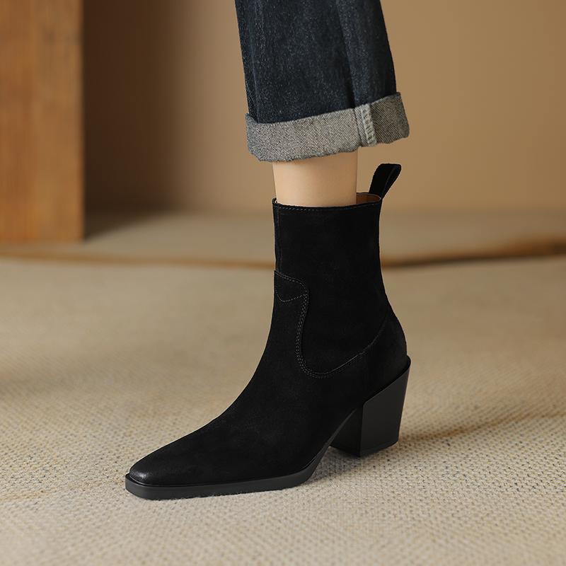 2024 New Real Cow Leather Suede Western Ankle Boots Women Point Toe Kitten Heels Short Boots Winter Cowboy Knight Boots Woman
