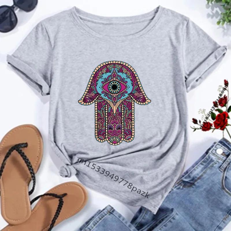 Camisetas con estampado de la mano de Fátima de Hamasa para mujer, camisetas Unisex Harajuku de la mano de Hamsa de la suerte, camisetas negras de manga corta para verano para mujer