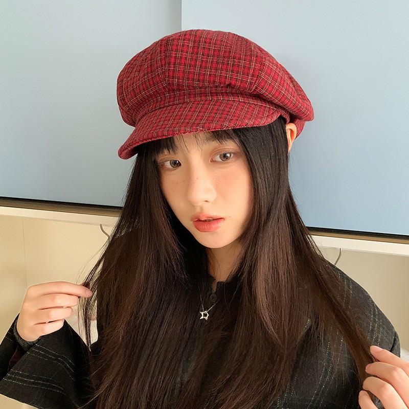 5 Early Autumn New Plaid Newsboy Hat Women's Big Head Circumference Shows the Small Beret Tide