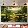 2D plane, 1 vibrant green plant and wooden fence banner. Rural scenery background fabric. Suitable for autumn parties.