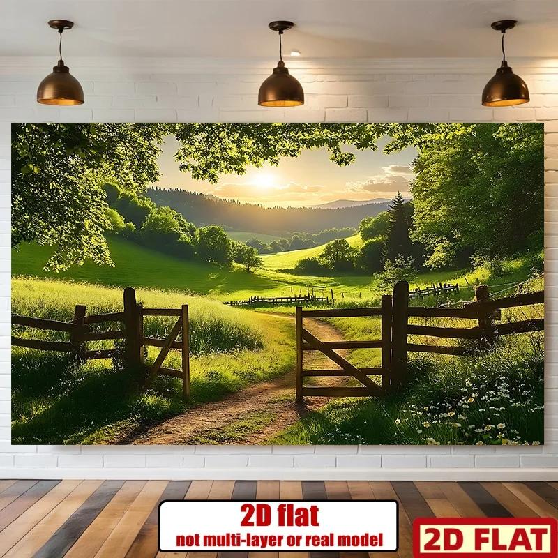 2D plane, 1 vibrant green plant and wooden fence banner. Rural scenery background fabric. Suitable for autumn parties.
