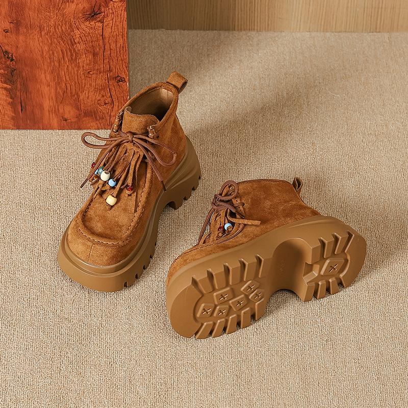 

9691-6 Casual 2025 Thick-soled Height-increasing Lace-up Beaded Snow Versatile Martin Boots Muffin Heel Women s Shoes 40 верблюд