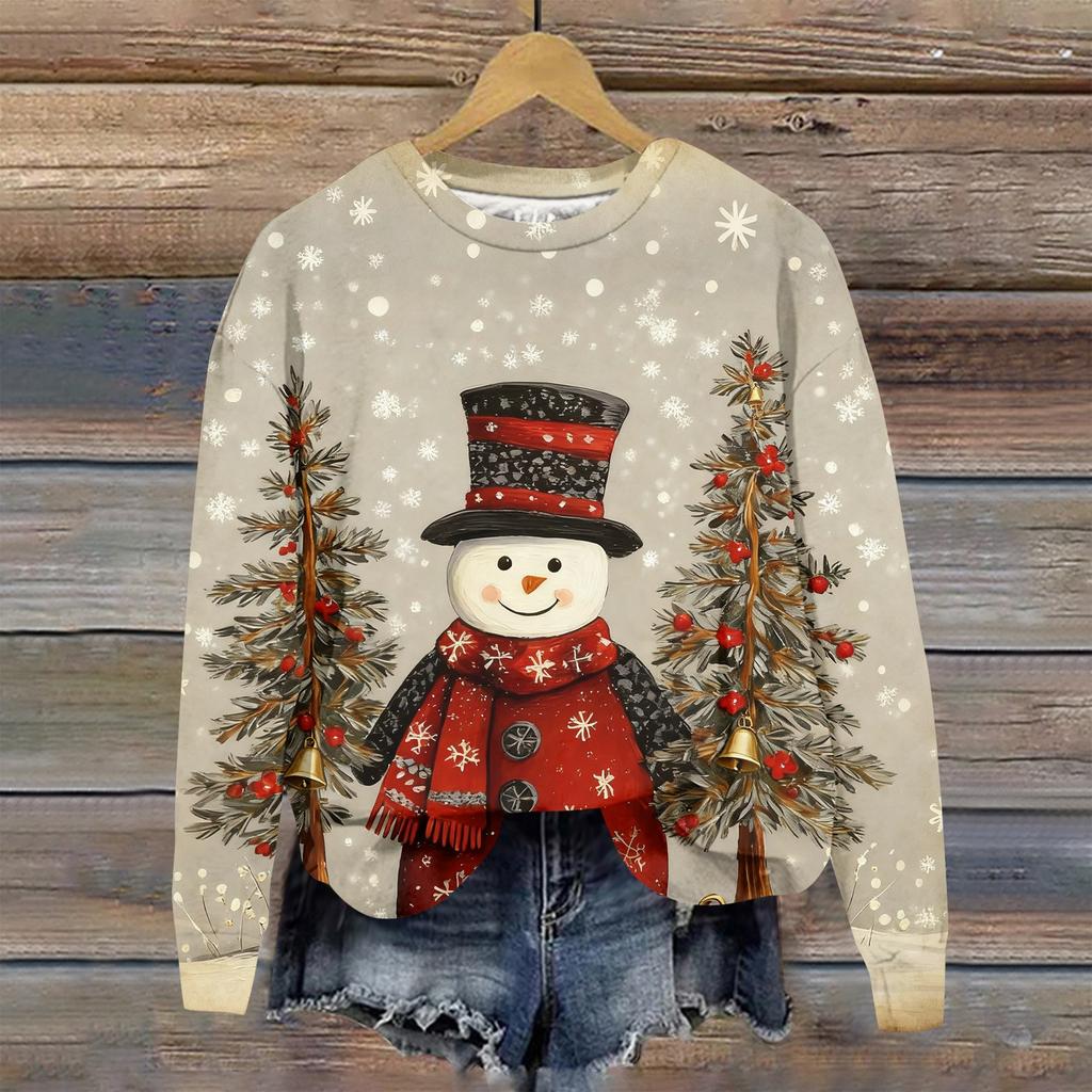 Женская модная рождественская принтованная толстовка с длинным рукавом и круглым вырезом