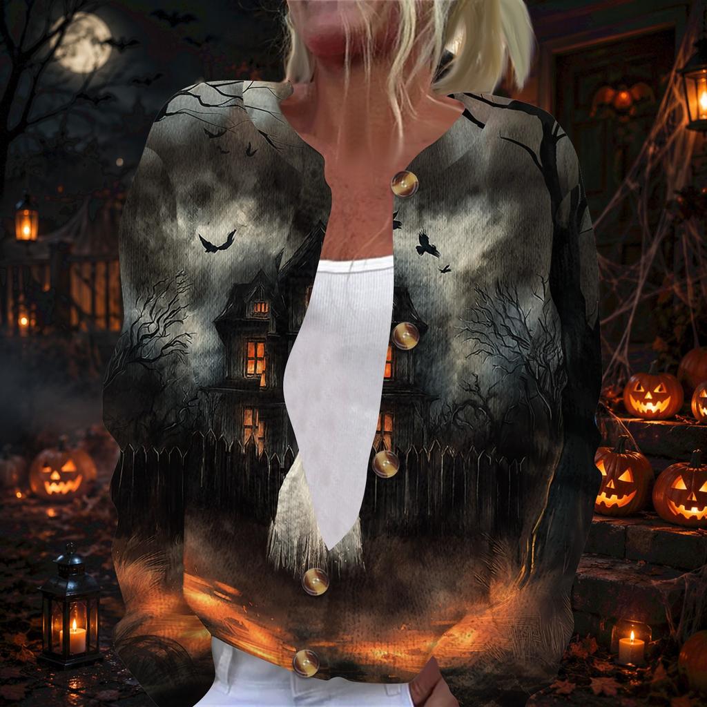Women's Long Sleeve Knit Cardigan with Halloween Print Button Front
