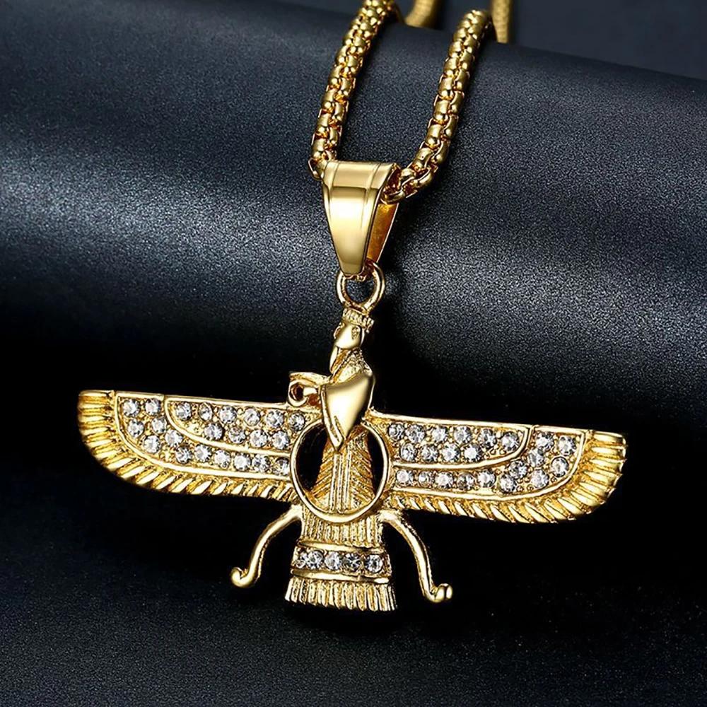 Drop Shipping Hip Hop Iced Out Faravahar Ahura Pendant Necklace Gold Color Stainless Steel Zoroastrian Pendant Iranian Jewelry