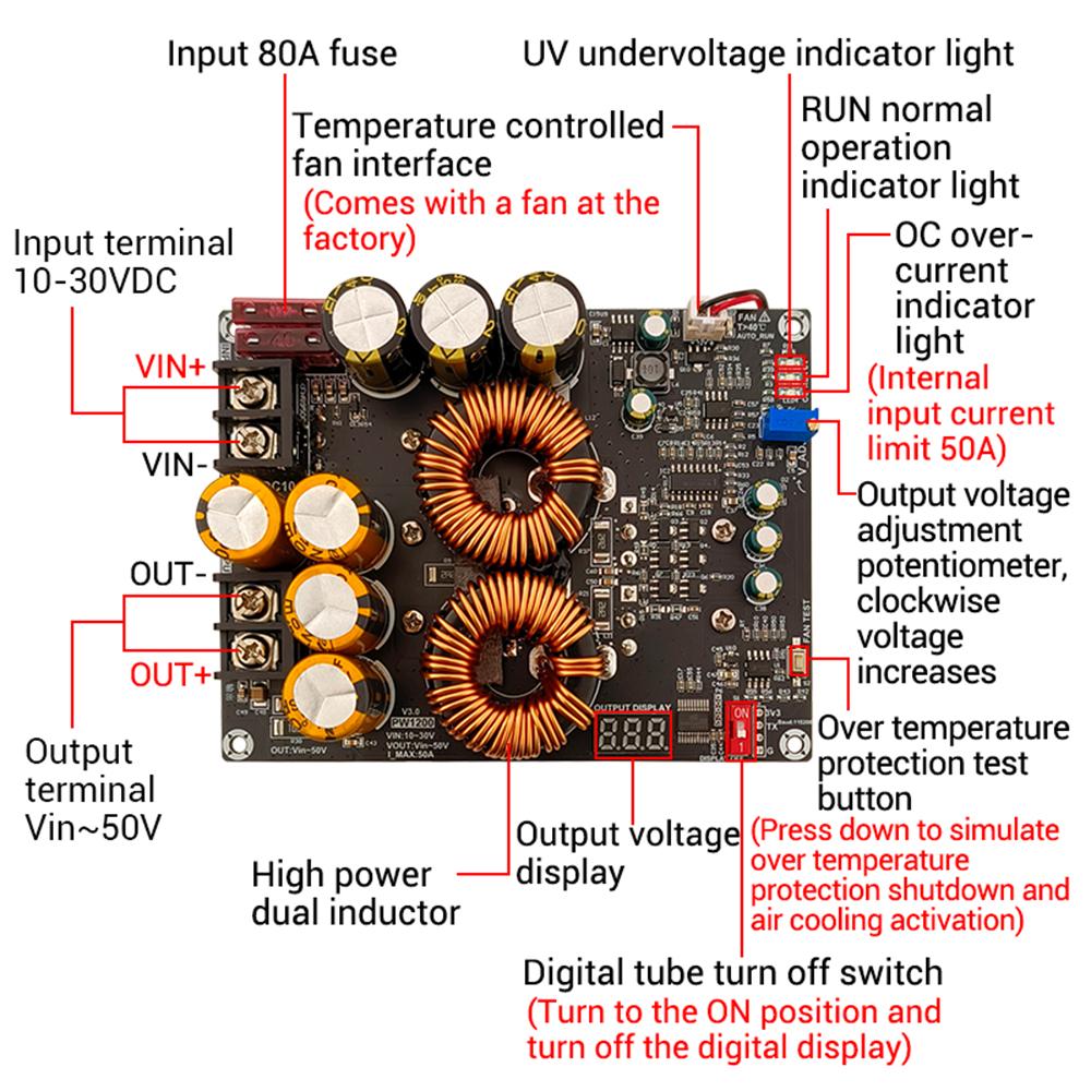 1200W 50A High Current Boost Power Supply Module Dual Inductors Full Power Low Ripple Power Supply For Audio Amplifier