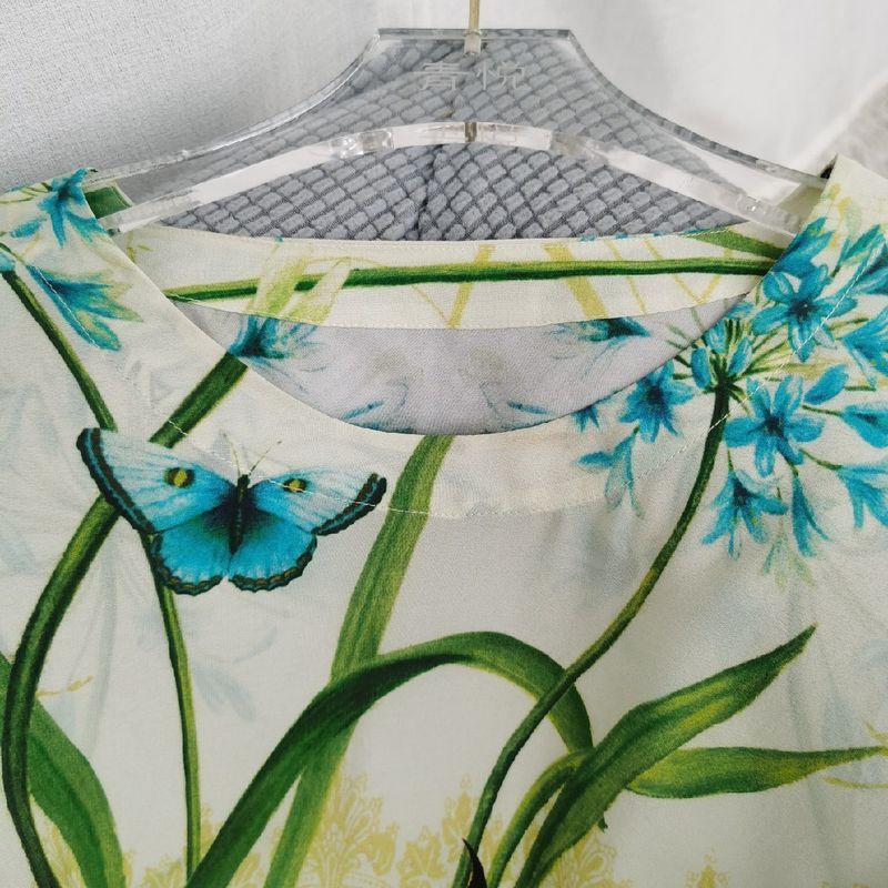 100% Mulberry Silk Short Sleeve Chinese Style Silk T-shirt Mid Length Long Length Tops Retro Style Small Shirt