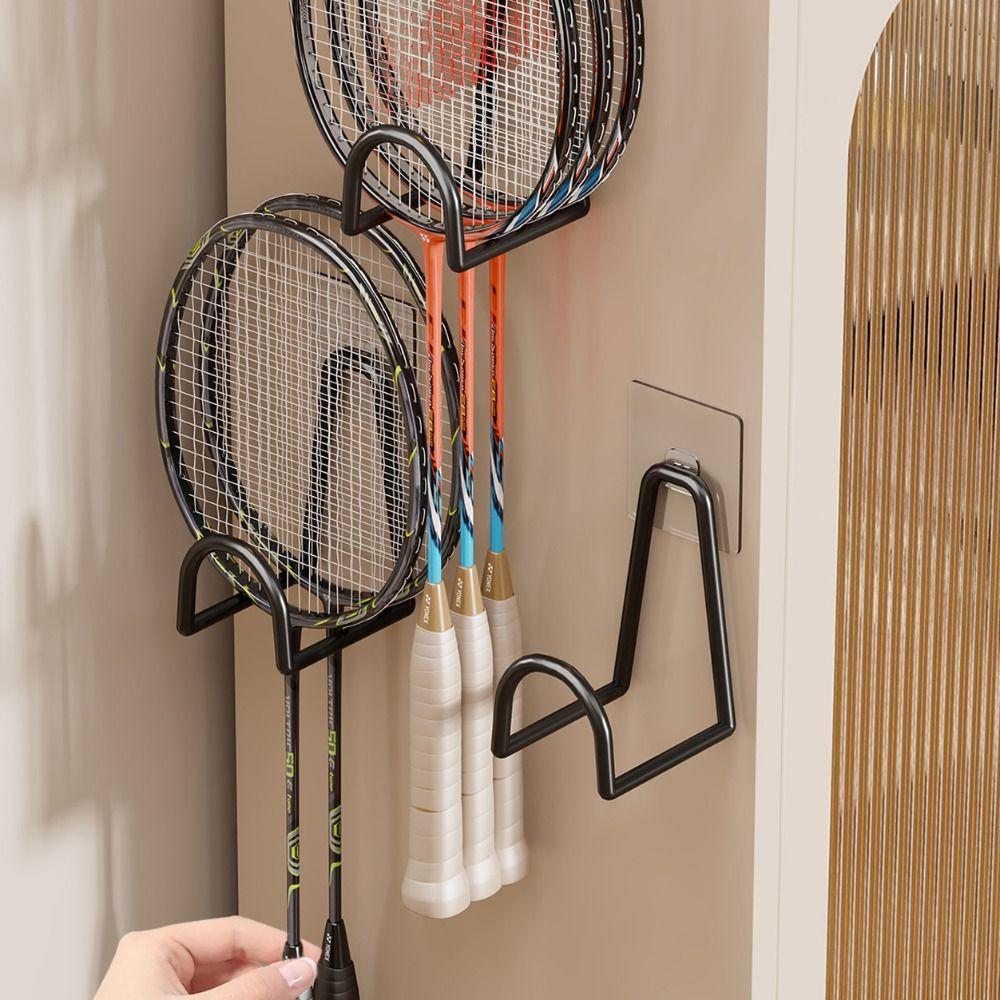 Wall-Mounted Badminton Racket Rack Punch Free Metal Tennis Racket Shelf Adhesive Pickleball Rackets Wall Holder