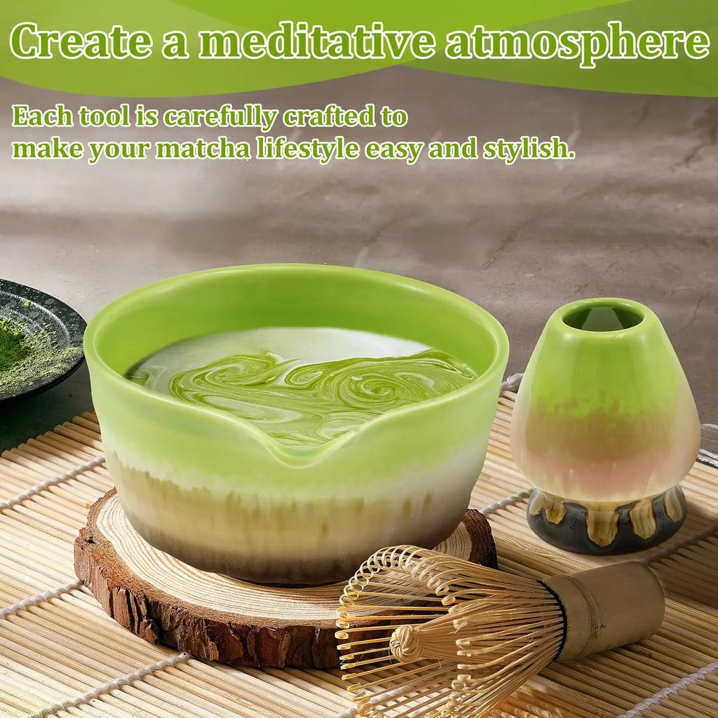 4 Pcs Matcha Whisk Set Elegant Matcha Making Kit Includes Matcha Bowl with Mouth Matcha Whisk Holder Bamboo Matcha Whisk Tea