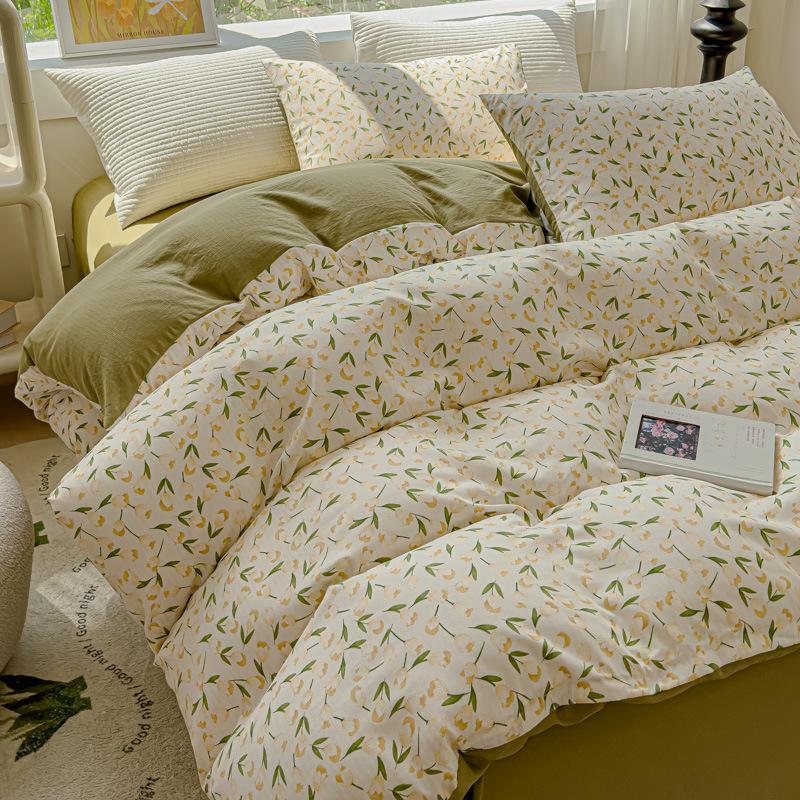 

new printing class A washed cotton double-layer yarn aerobic jacquard skin-friendly and warm small Zhu cotton 4-piece set 1.2m sheet 3pcs