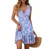 Women's Summer Dress V Neck Sleeveless Casual Floral Print Hem Pleated Dress