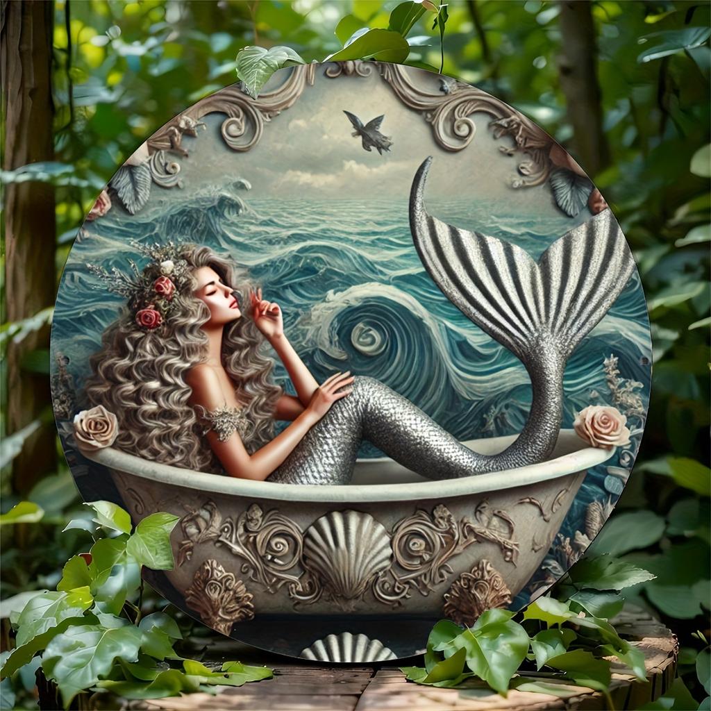 Waterproof Mermaid Metal Wall Art - Oceanic Bliss, Classic Style Round Decorative Sign for Indoor/Outdoor Home and Office Decor