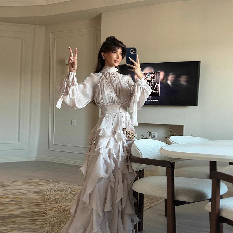 Nouvelle robe plissée à vagues en mousseline pour femme printemps et été, robe à manches longues avec bordure à volants style français