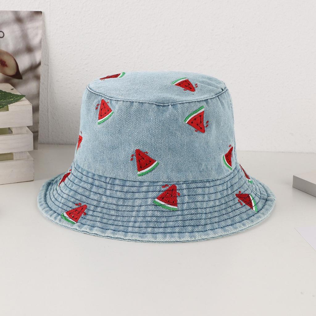 New Denim Summer Bucket Hat For Women Embroidery Watermelon Outdoor Travel Wide Brim Sun Hat Top Qulity Beach Fisherman Cap