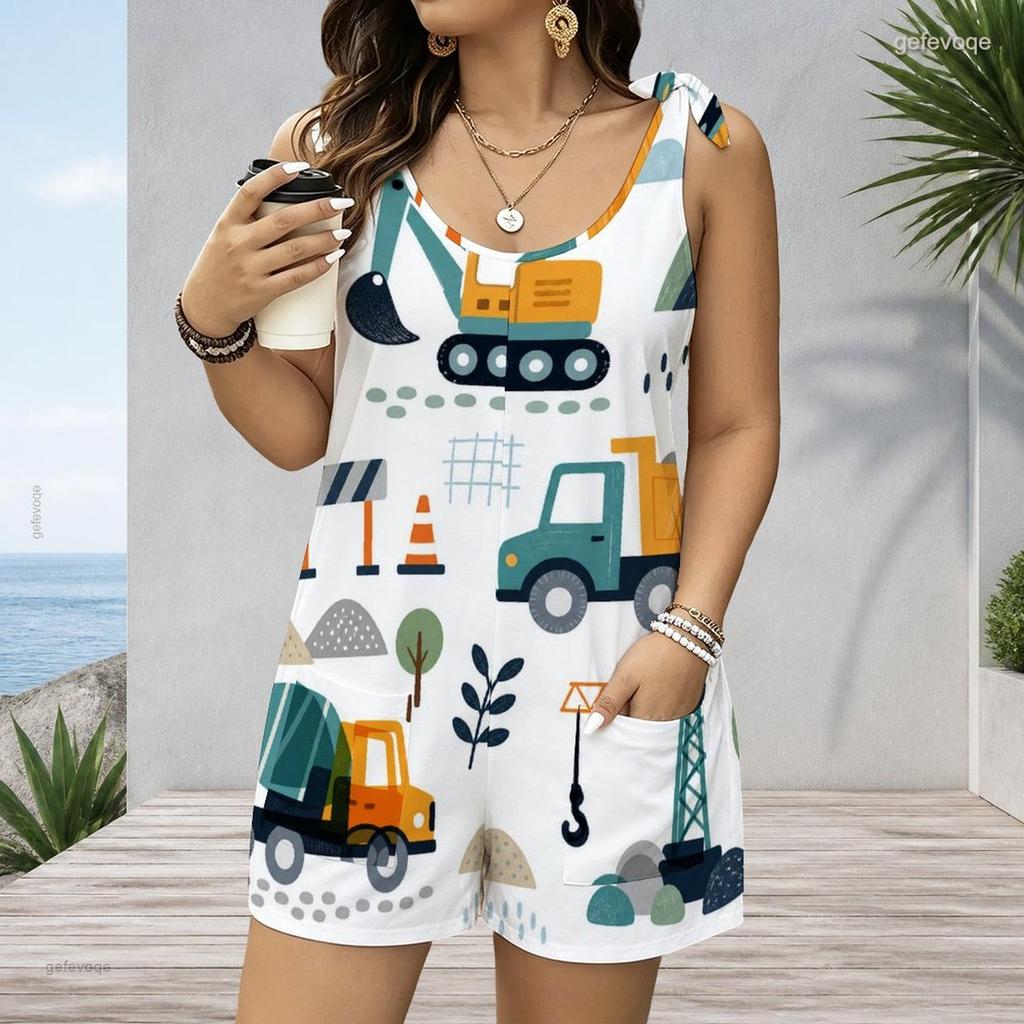 Women Plus Size Crew Neck Tank Romper Dark Gothic Floral Print Jumpsuit Shorts