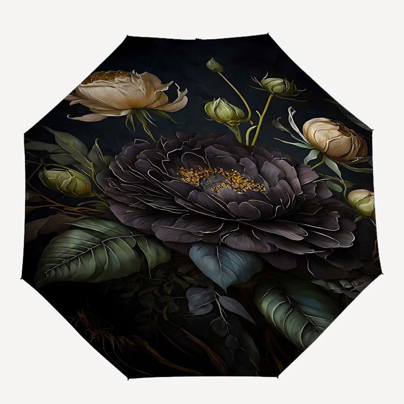 

1pc Black PeonyOpen/Close Umbrella-Windproof, Compact Travel Umbrella, Sturdy 8-Rib Shaft, Outdoor Accessory, 1095