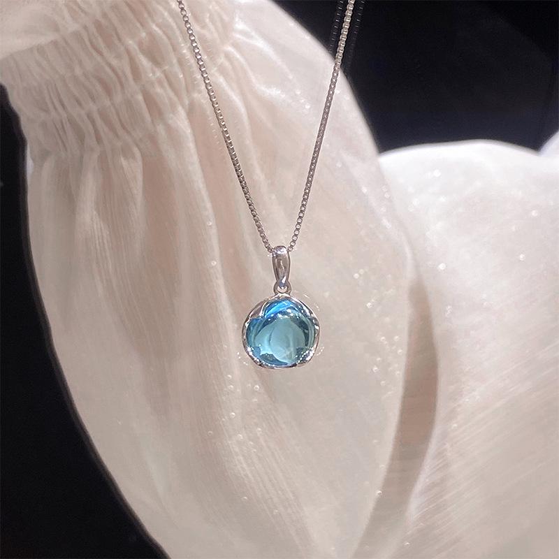 S925 Sterling Silver Aquamarine Necklace - Light Luxury Korean-Style with Sweet Temperament Clavicle Chain for Women