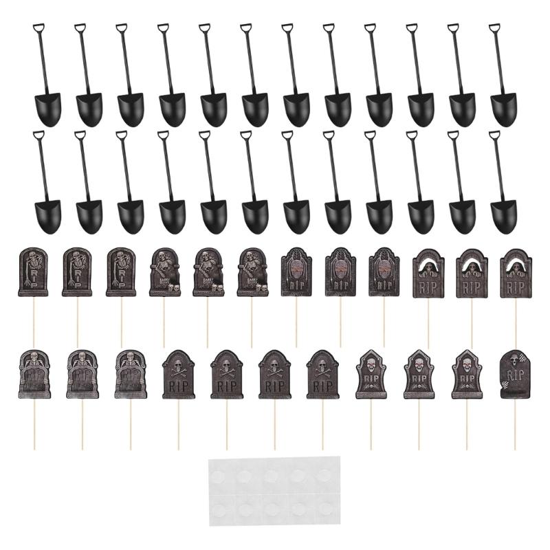 48Pcs Graveyard Theme Cupcake Toppers For Halloween Parties With Mini Shovel Spoons Included