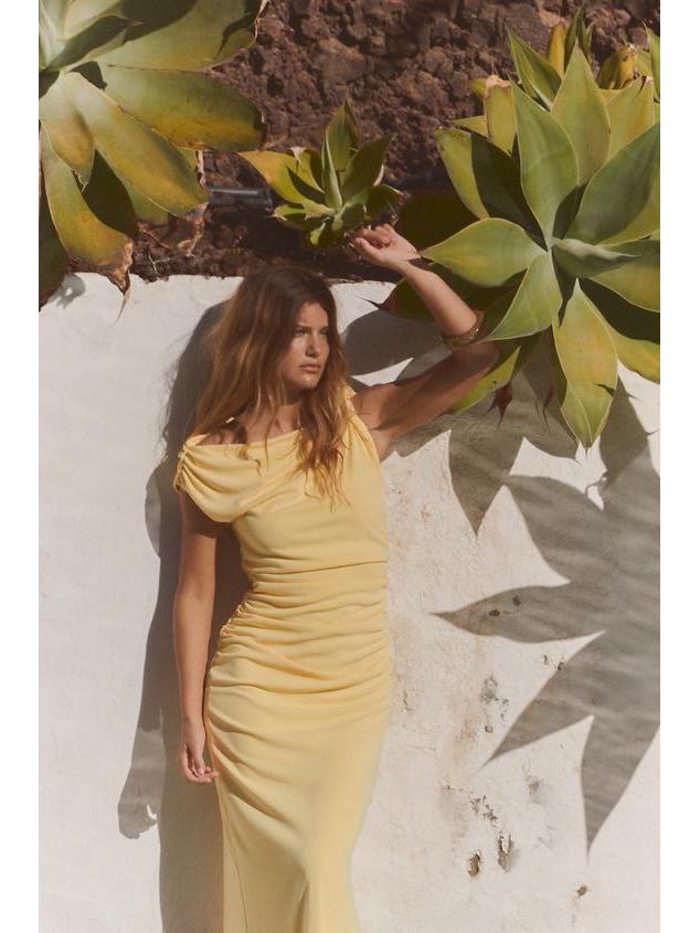 2025 Spring Women's Asymmetrical Pleated Satin Midi Dress - Resort Style, High-End Elegance