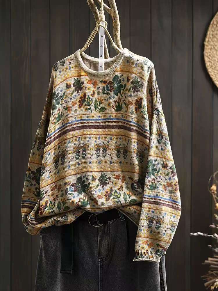 Johnature Woman Autumn Niche Vintage O-Neck Casual Loose Retro Sweater Chinese Style Long Sleeves Print Sweater