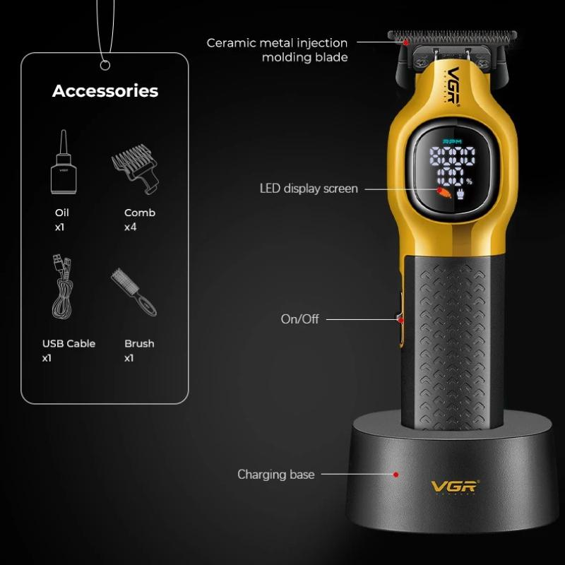 VGR V-886T Clipper Charging Base 8000Rpm Trimmer Professional Barber Rechargeable Hair Trimmer Machine for Man with LED Intelligent Digital Display